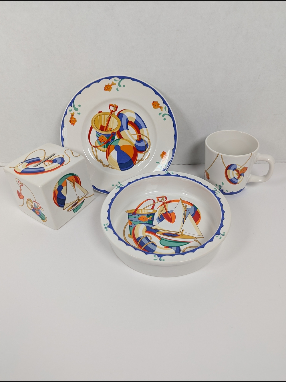 Tiffany & Co. Seashore Child's 4 Piece Dish Set Plate, Bowl, Mug, & Piggy Bank